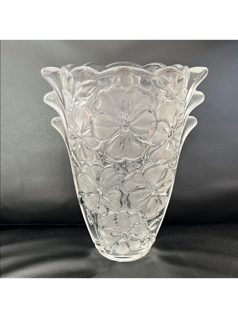 VINTAGE Clear Crystal Vase Satin Finish Pattern Raised Pansies Scalloped Rim